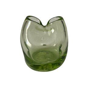 Small Vintage Green Hand-Blown Glass Bud Vase with Dual Openings Pinched/Dimpled